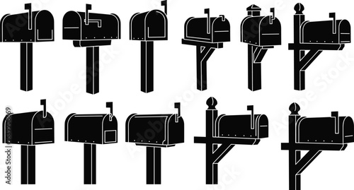 Mailbox icon vector set, silhouette collection of mailboxes on posts, cad drawing flat vector illustration, postal box design variety