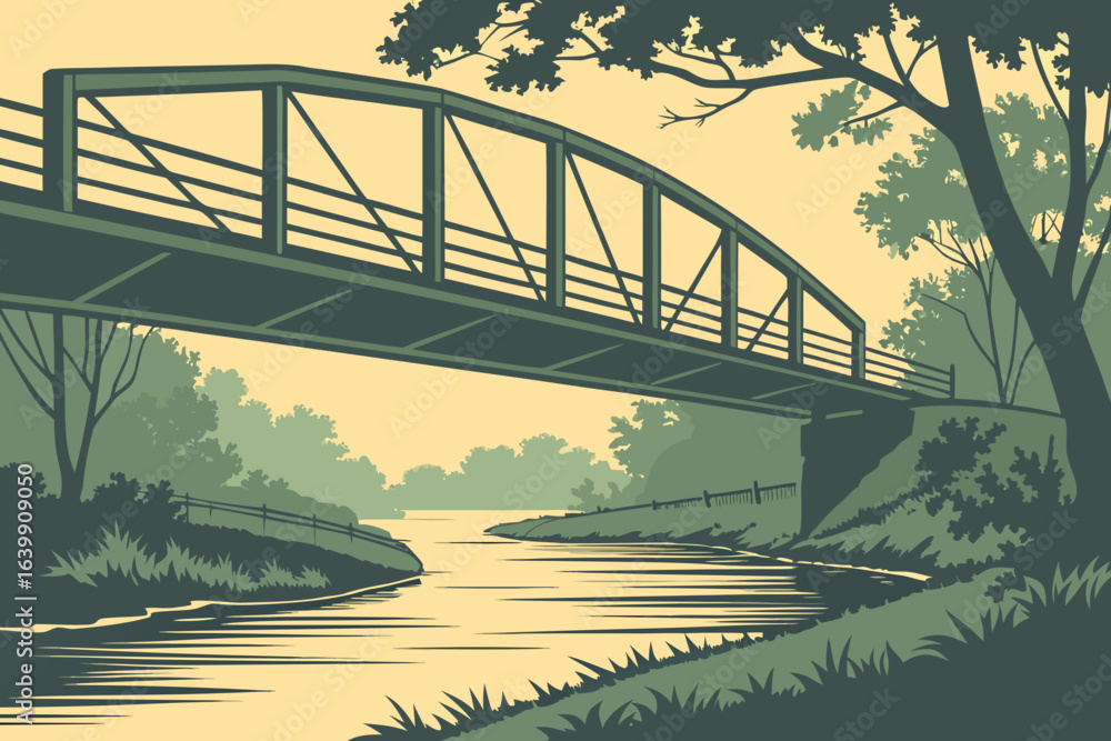 Fototapeta premium rustic iron bridge spanning the Des Plaines River in Joliet Illinois, tranquil reflection and softly lit water in early morning calm