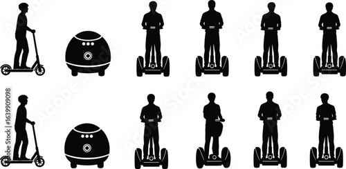 Personal transport silhouette icon set, scooter and Segway vector illustration, black minimal design, cad drawing flat vector pack