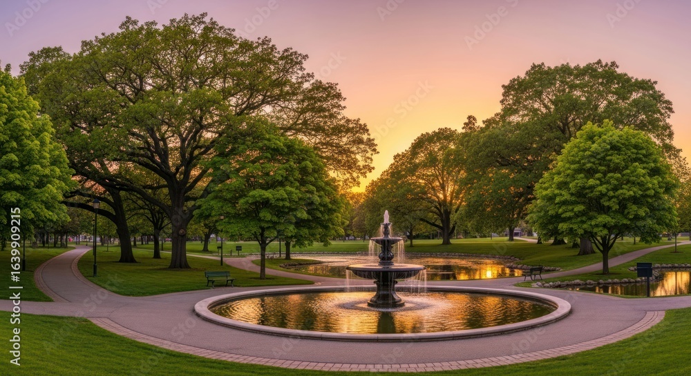 Obraz premium Fountain in park reflecting sunset light with trees and curving paths