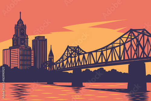 sunset over downtown Peoria Illinois with the Illinois River reflecting city lights and silhouetted bridges
