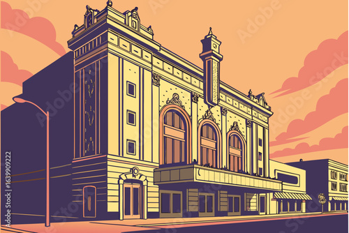 sunset casting golden light on the Rialto Square Theatre'ss ornate Neo‑Baroque facade in Joliet Illinois, intricate sculptures glowing against the evening sky