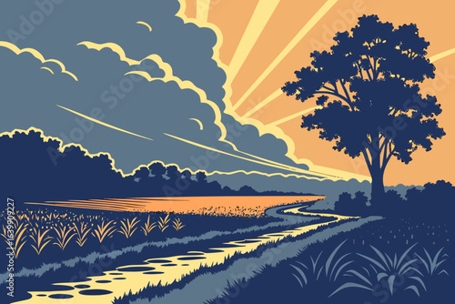 sunrise breaking through clouds after an overnight thunderstorm in Illinois, wet fields glowing with morning light