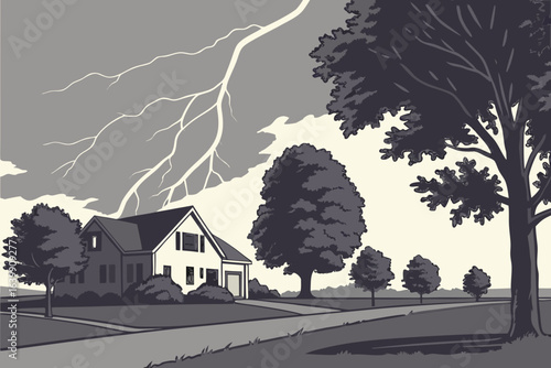 thunderstorm rolling into an Illinois suburb with dark clouds, lightning in the distance, and wind whipping through trees
