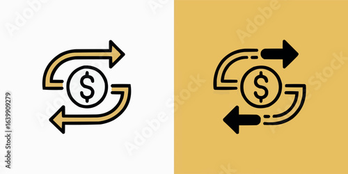 Financial exchange icon with dollar sign and circular arrows representing money flow and investment returns for business and finance concepts