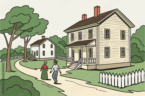 tourists walking through restored pioneer homes in nauvoo illinois as part of a living history tour