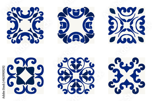 Elegant blue tile patterns with symmetrical floral and geometric motifs, inspired by Mediterranean and Moroccan designs. Perfect for backgrounds, prints, wallpapers, and surface decoration.

