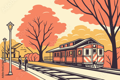 train pulling into a quiet station in highland park illinois surrounded by autumn foliage and morning light