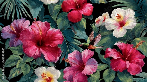 Bright Hibiscus Flowers with Hummingbird Flying Amid Tropical Flora, Dark Background