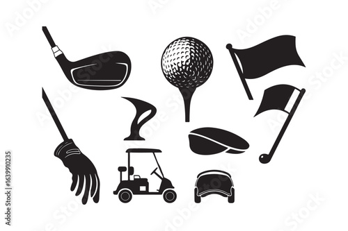 Collection of golf equipment and accessories in silhouette