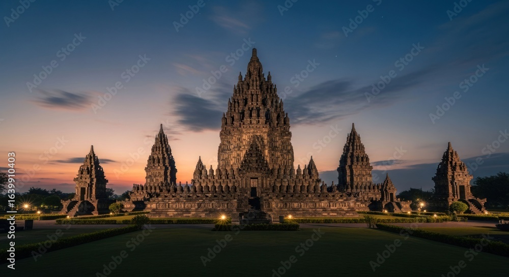 Obraz premium Ancient temple with tiered spires under a pastel twilight sky