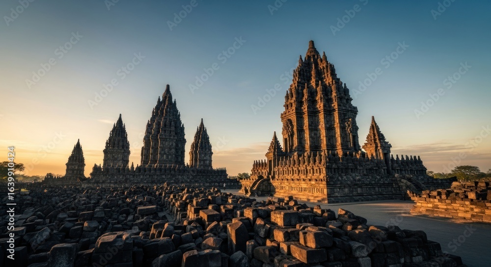 Fototapeta premium Ancient stone temples at dawn under a clear blue sky