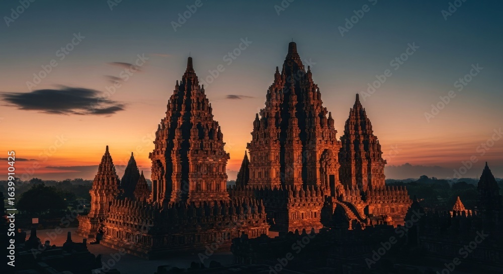 Fototapeta premium Ancient, ornate temple complex illuminated against a sunset sky