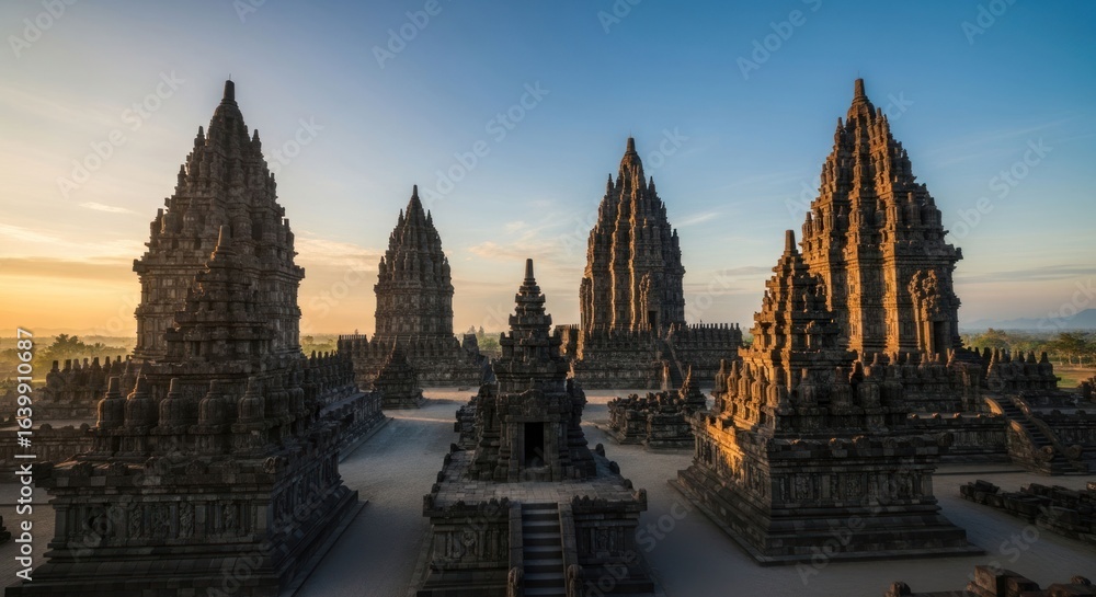 Fototapeta premium Ancient gray stone temples under dawn light against blue sky, landscape view