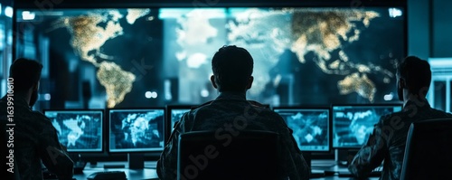 Global Surveillance Team Monitoring World Map, Cybersecurity, Military Intelligence Cybersecurity, Global Security