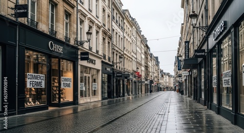 Fototapeta Naklejka Na Ścianę i Meble -  Empty street in a European city lined with closed shops on a cloudy day