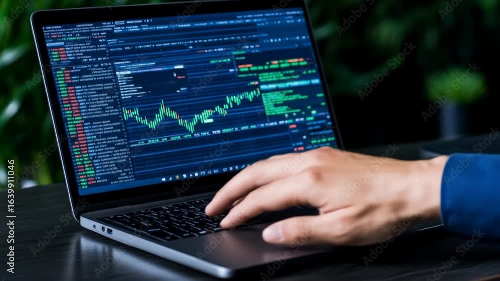 Person analyzing stock market data on laptop with graphs Person analyzing stock market data on laptop with graphs