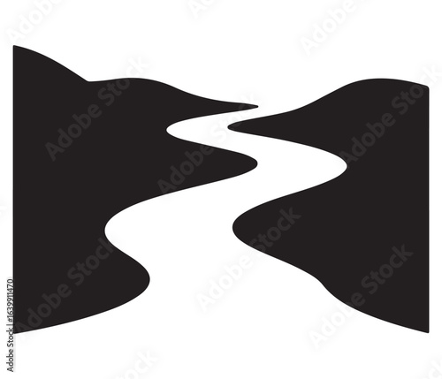 Winding River Valley Illustration Black and White Landscape Minimalist Design Nature Background Tranquil Stream Between Hills Serpentine Riverbed Graphic