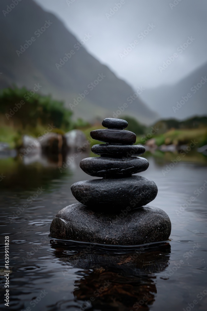 Serene Stacked Stones in Mountain Stream, Calm Water Reflection Serene Stacked Stones in Mountain Stream, Calm Water Reflection