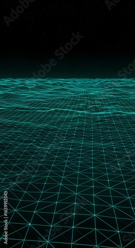 Abstract futuristic technology background with a cyan digital wireframe grid landscape. A low angle view across a virtual data sea under a dark sky.