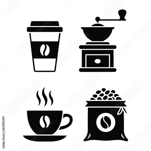  Cafe icon set with to-go cup, coffee grinder, steaming mug, tea cup, and coffee bean sack vector illustration isolated in black and white