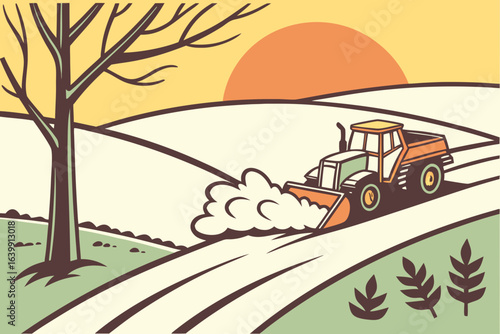 alabama snow plow clearing a rural road at sunrise with white powder spraying from the blade