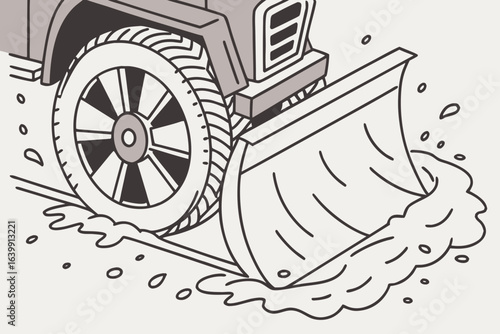 Close-up view of an Alabama snow plow’s large spinning blade clearing snow from the road, showcasing winter maintenance equipment in action, modern flat illustration style.