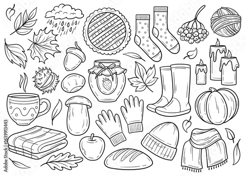Autumn elements isolated clip art, black and white line art cute drawings, fall doodles detailed illustration, hand drawn fall stickers outline drawings, cozy doodle illustration, autumn contours