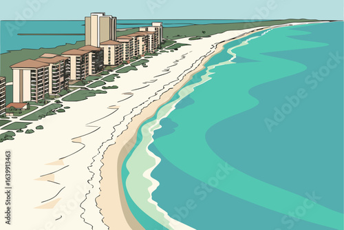 aerial view of gulf shores alabama showing white sandy beaches, turquoise water, and rows of beachfront condos