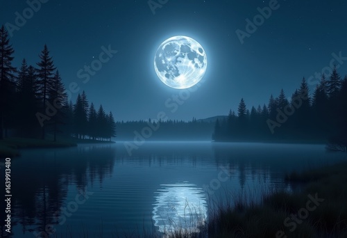 stunning full moon illuminating serene lake tranquil night reflection peaceful waters midnight landscape, sky, clouds, dusk, twilight, view, evening, shadows