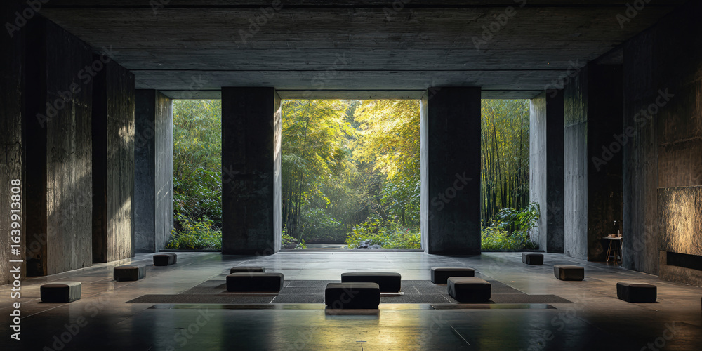 Fototapeta premium Contemplative Concrete Sanctuary A Serene Space for Reflection and Meditation with Nature's Embrace Outside View