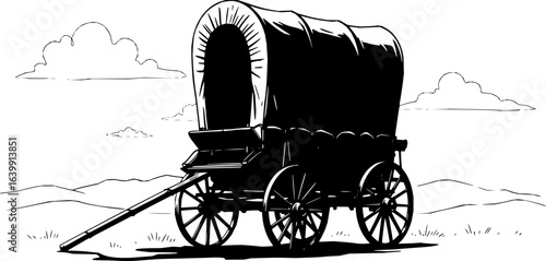 Pioneer Era Wagon: A detailed black and white illustration showcases a classic covered wagon from the pioneer era, ready to traverse vast landscapes under an expansive sky. 