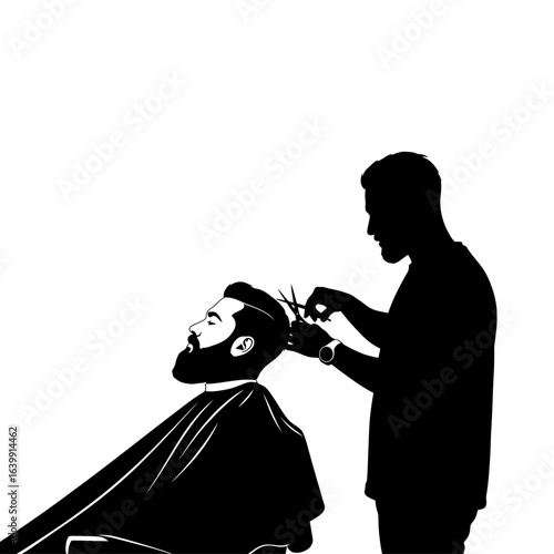 Barber cutting hair of client isolated on white background