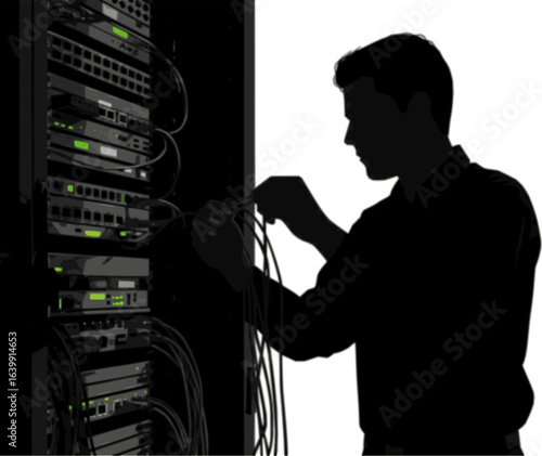 Data Network Technician: A skilled technician, fully engaged in maintaining network infrastructure, is seen expertly connecting wires within a data center rack. 