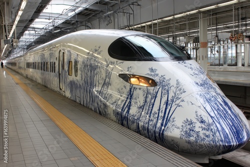 Japanese Shinkansen Bullet Train with Blue Bamboo Design at Station