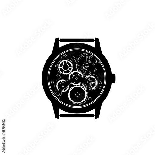 Black silhouette of a watch mechanism with gears and springs isolated on white background