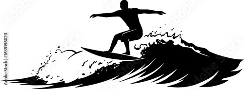 black silhouette of a Surfer riding a wave vector illustration isolated on white background 