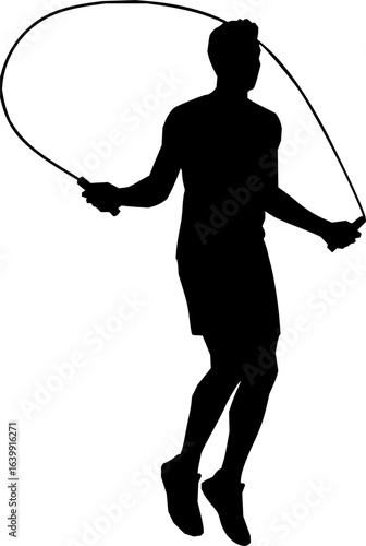 Young man jumping rope silhouette. Sportsman skipping with jump rope vector silhouette. Aerobic exercises, jump activity, health concept. Skipping Rope silhouette icon isolated on white background.