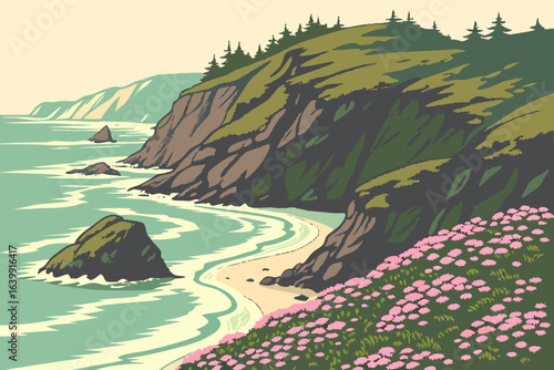A coastal bluff covered in blooming sea thrift with waves crashing against the Oregon cliffs below.