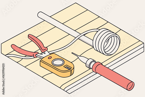 A cable being repaired with a multimeter and wire cutters beside it