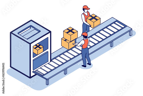 A conveyor belt moving small packages through sorting stations with workers nearby, ideal for fulfillment center visuals, modern flat illustration style.