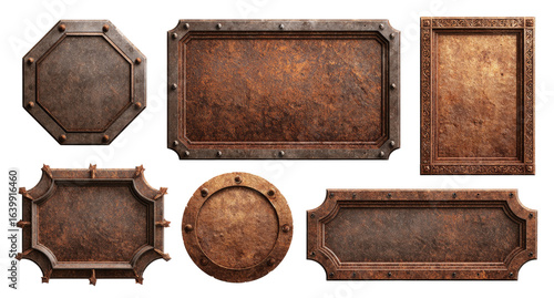 Six ornate, rusty metal plaques in various shapes.  Different sizes,  octagonal, rectangular, rounded, bordered with riveted metal.  Rustic, aged appearance