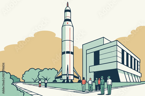 rocket standing tall at the U.S. Space & Rocket Center in huntsville alabama with tourists taking photos