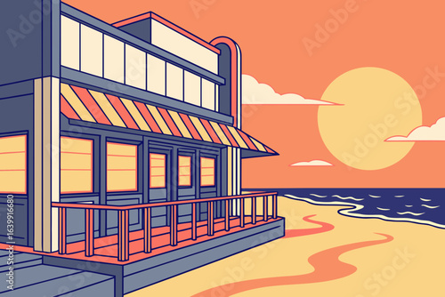 seafood restaurant on the waterfront in gulf shores alabama with neon signs glowing as the sun sets