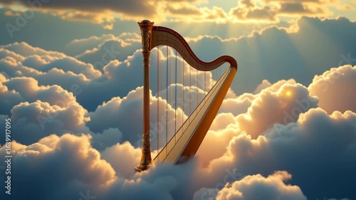 Heavenly Music: A celestial harp rests amid a sea of ethereal clouds, bathed in the golden light of the setting sun, a visual symphony. 