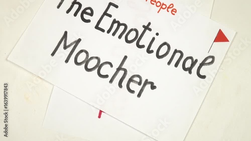 Sheets of paper with words 'The Emotional Moocher