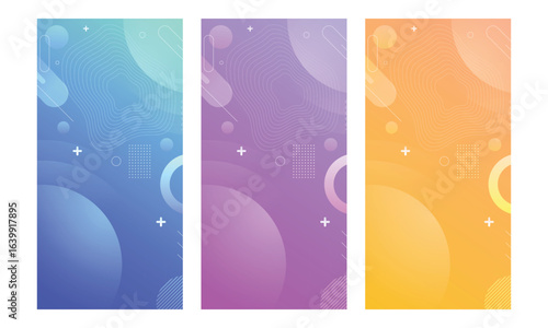 Modern wallpaper design perfect for social media, idol poster. Gradient abstract cover background vector set. Minimalist style cover template with geometric shapes, frame, colorful and liquid color