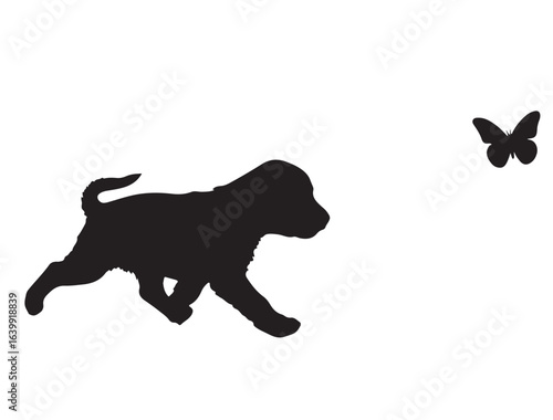 Dog playing in silhouette on white background