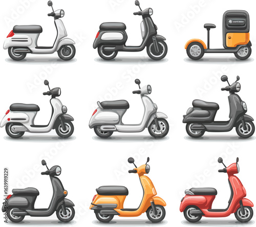Various scooter designs including delivery and classic models perfect for urban travel and lifestyle themes
