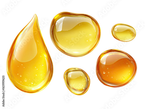 Amber liquid drops, various shapes